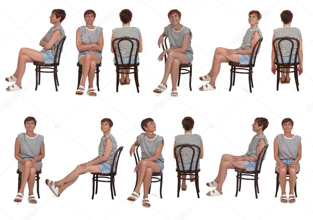 large grop of same woman sitting chair, various poses on white background