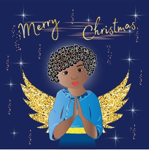 圣诞贺卡 黑皮肤 金色翅膀的天使女孩 — 图库矢量图片