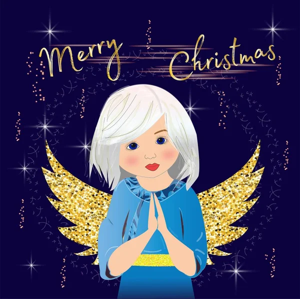 圣诞贺卡 白皙的天使女孩 背着金色的翅膀 — 图库矢量图片