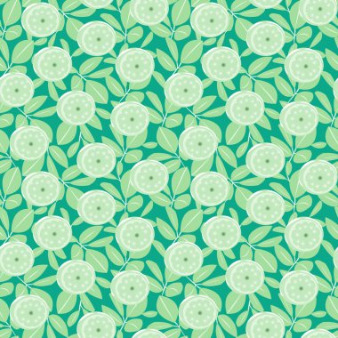 Kusursuz desenli, yeşil arkaplanda yaprakları olan beyaz limon. Tekstil ve keten için.