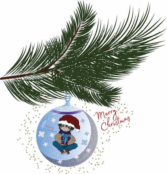 蓝色玻璃圣诞球 男孩在树枝上 用于网页设计 — 图库矢量图片