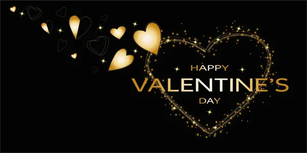Valentine Day Poster Golden Hearts Black Background — Stockvektor