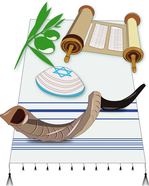 Israeli Jewish Attributes Kippah Olive Branch Shofar Torah Scroll Talid — Stockvektor