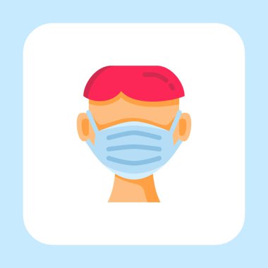 Beyaz arka planda izole edilmiş düz renk tarzlı bir maske simgesi taşıyan bir adam. Tıbbi, covid-19, web, uygulamalar, teknoloji ve proje için vektör illüstrasyon baş işaret simgesi simgesi konsepti