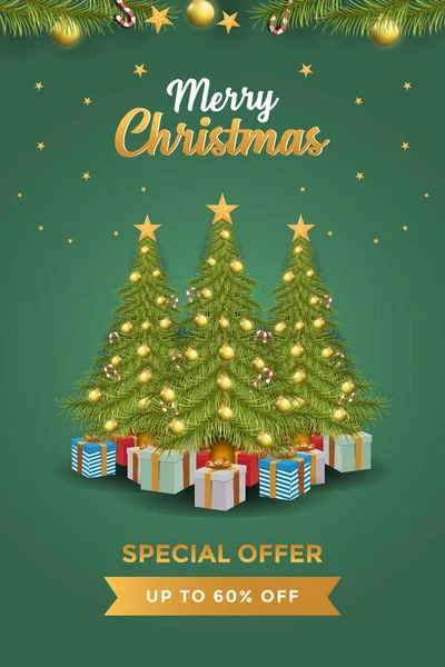 Çam ağacı, hediye kutuları, lambalar, yıldızlar ve Noel süsüyle noel indirimi poster tasarımı