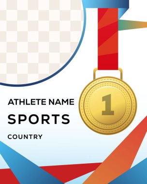 Altın madalyalı ilk şampiyon için Olimpiyat afişi. Vektör tasarımı Sporcu fotoğrafı için şeffaf arkaplan