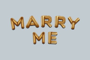 Altın folyo balonlarla yazılmış benimle evlen. Gerçekçi altın balonlarla evlen, tipografi geçmişimle evlen. vektör tasarımı, izole