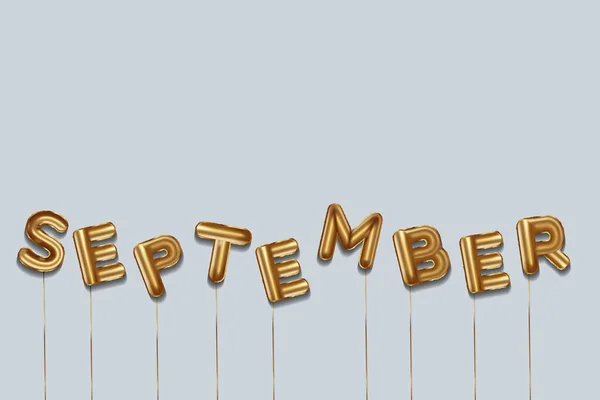 箔金風船で書かれた9月 現実的な金の風船で9月のレタリング 9月タイポグラフィ 分離ベクトル設計 コピースペース付きの9月の背景 — ストックベクタ