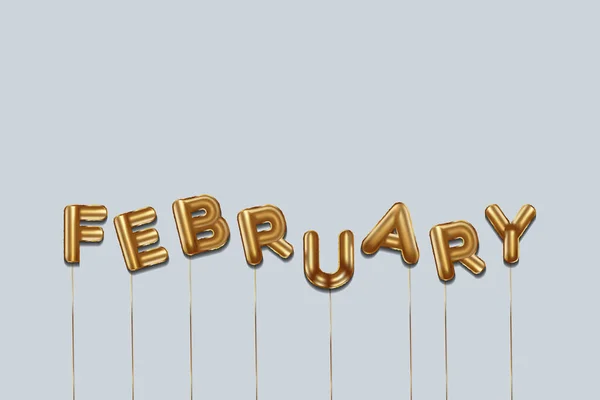 February Written Foil Gold Balloons February Lettering Realistic Gold Balloons — Stock Vector