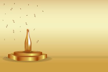 Altın Podyum 'da altın şampanya. Lüks arka plan tasarımı. kopyalama alanı. Vektör tasarımı yeni yıl arkaplanı