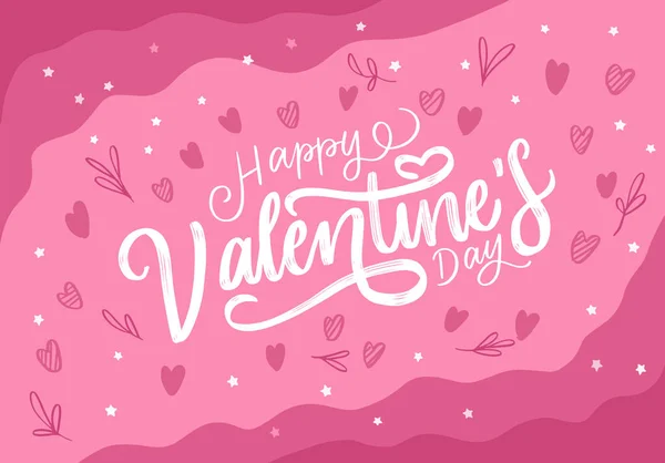 Handschrift Glücklicher Valentinstag Mit Herz Und Blättern Handgezeichneter Hintergrund — Stockvektor