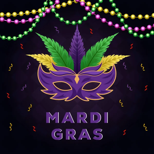 Mardi Gras Διανυσματική Απεικόνιση Χάντρες Στολίδι Μάσκα Και Κορδέλα — Διανυσματικό Αρχείο