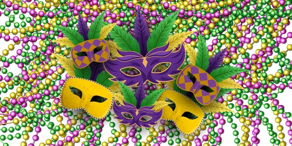Mardi Gras Avec Pile Masque Sur Fond Perles Mardi Gras — Image vectorielle