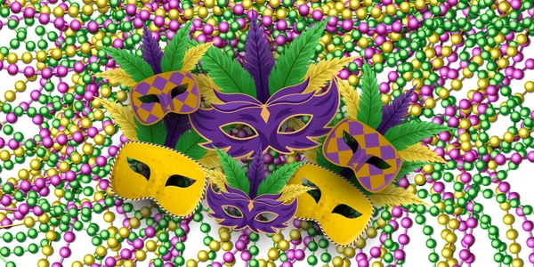 Arkaplanda maske yığını olan Mardi Gras. Mardi Gras vektör tasarımı çizimi
