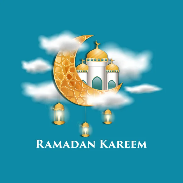 Realistic Ramadan Kareem Design Mosque Moon Realistic Clouds Hanging Candle — Stockvector