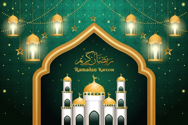 realistic ramadan kareem illustration background with mosque, candle lanterns, and stars. vector design