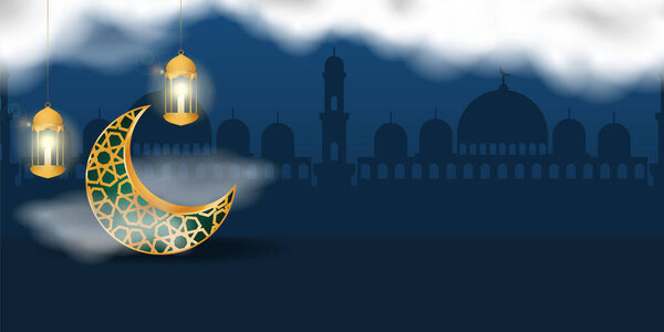 Background Ramadan Kareem Golden Moon Lantern Realistic Clouds Copy Space Vector Graphics