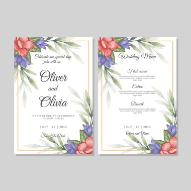 Düğün davetiyesi ve çiçek ve yapraklı menü şablonu