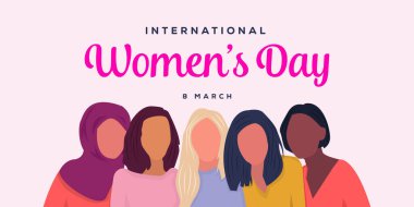 Uluslararası Kadınlar Günü illüstrasyonu, çeşitliliği olan beş kadın