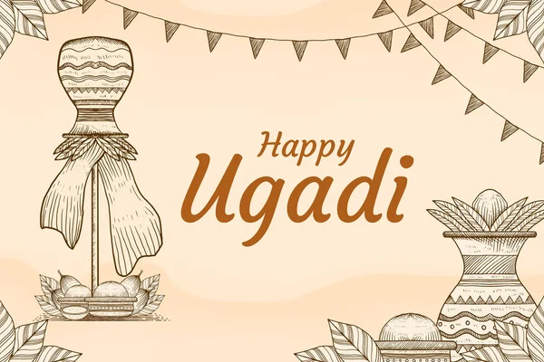 Happy Ugadi Hand Getekend Illustratie Banner Poster — Stockvector