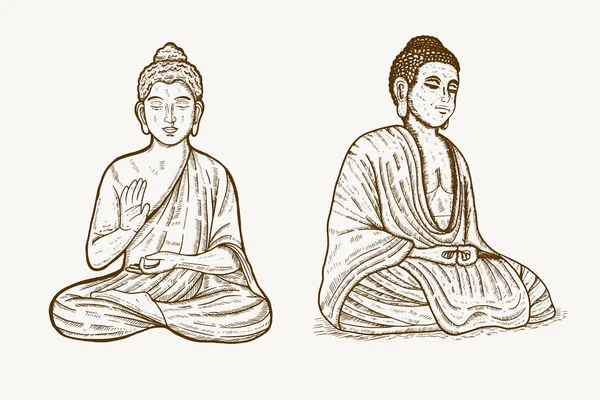 Buddha Meditující Ručně Kreslené Ilustrace Dvě Různé Polohové Sady — Stockový vektor