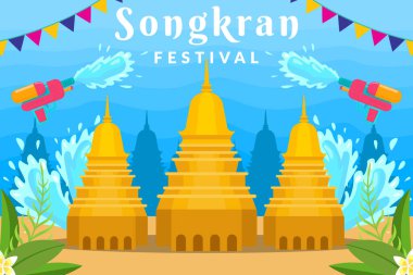 Songkran festivali yatay afiş arkaplan illüstrasyonu