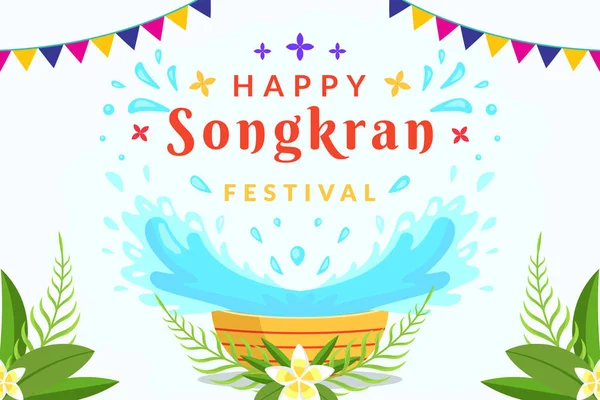 Songkran Festivali Yatay Afiş Arkaplan Çizimi Düz Stil — Stok Vektör