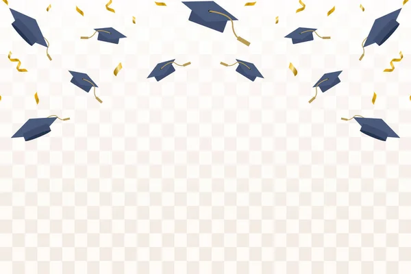 Flat Flying Graduation Caps Confetti Gold Ribbon Illustration — Vector de stock