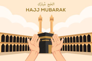 Kutsal Kabe 'nin önünde el üstünde dua eden Mübarek düz tasarımı.