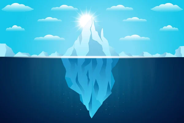 明るい太陽と海のイラストに浮かぶ氷山 — ストックベクタ