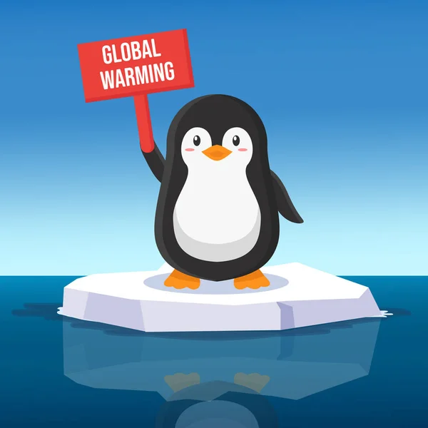 Иллюстрации Глобального Потепления Милым Пингвином Держащим Баннер Глобального Потепления Плавающем — стоковый вектор