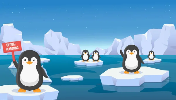 Kutup buzullarında yüzen buzun üzerinde duran küresel ısınma bayrağını elinde tutan penguenler