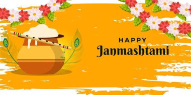 Matki safrası, tavus kuşu tüyü, çiçekler ve krishna flütü ile mutlu janmashtami