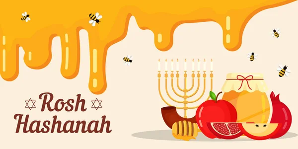 Flat Rosh Hashanah Background Illustration Melted Honey Fruits Bee — Stockvektor