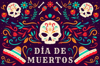 flat Dia de muertos, day of dead background illustration with ornament, sombrero, and maracas