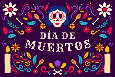 Dia de muertos, day of dead illustration with womens skull, candle, and maracas