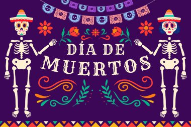 flat Dia de muertos background illustration with skeleton women and men used sombrero hat