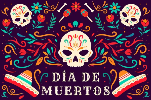 Flat Dia Muertos Day Dead Background Illustration Ornament Sombrero Maracas — Vector de stock