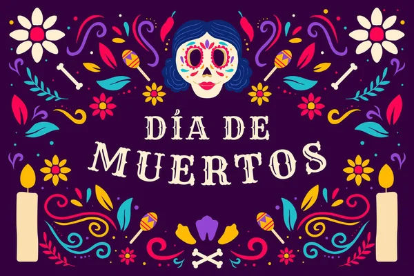 Dia Muertos Day Dead Illustration Womens Skull Candle Maracas — Vector de stock