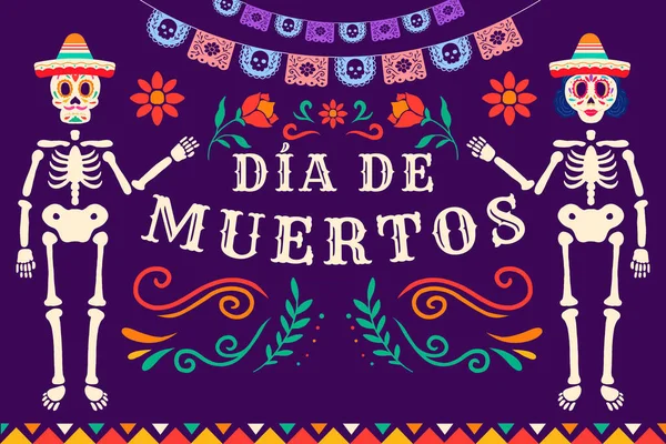 Flat Dia Muertos Background Illustration Skeleton Women Men Used Sombrero — Stockvector
