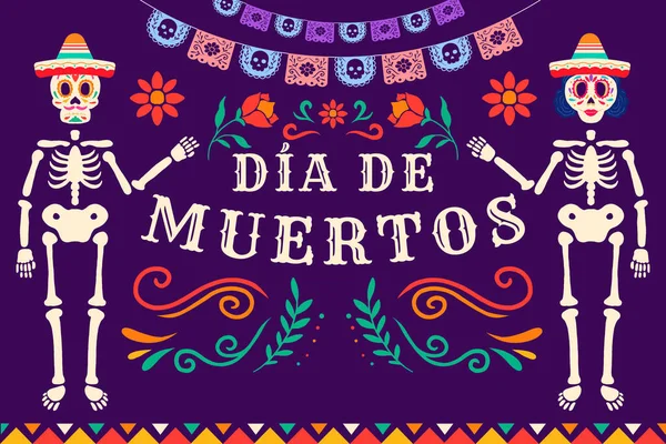 flat Dia de muertos background illustration with skeleton women and men used sombrero hat