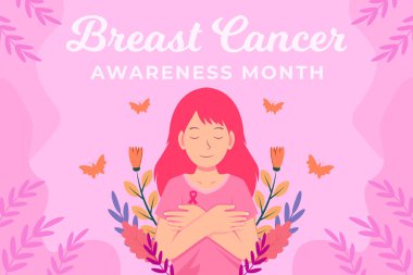 breast cancer awareness month illustration background with women, plants, and butterfly