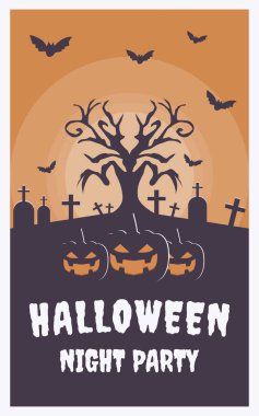 Cadılar Bayramı parti afişi, kabak suratlı korkunç, ay, korkunç ağaç ve mezar taşı resimli.