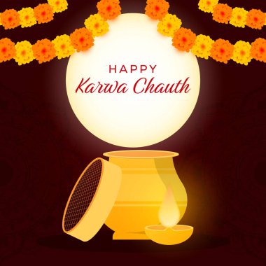 Mutlu Karwa Chauth çizimleri Dolunay ve kadife çiçekleriyle