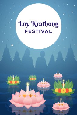 Loy Krathong festivali dikey afiş illüstrasyonu