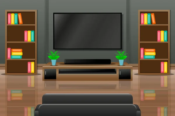Wohnzimmereinrichtung Mit Fernseher Tischen Regal Und Sofa — Stockvektor