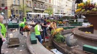 TIMISOARA, ROMANIA - 19 Nisan 2019: Zafer Meydanı, TIMFLORALIS Uluslararası Çiçek Festivali 'nde güzel çiçek süslemeleri.
