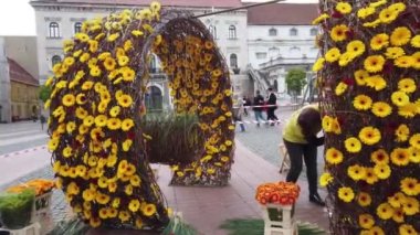 TIMISOARA, ROMANIA - 19 Nisan 2019: Zafer Meydanı, TIMFLORALIS Uluslararası Çiçek Festivali 'nde güzel çiçek süslemeleri.