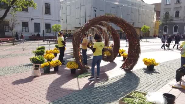 Timisoara Roemenië April 2019 Overwinningsplein Mooie Bloemdecoraties Het Internationale Bloemenfestival — Stockvideo