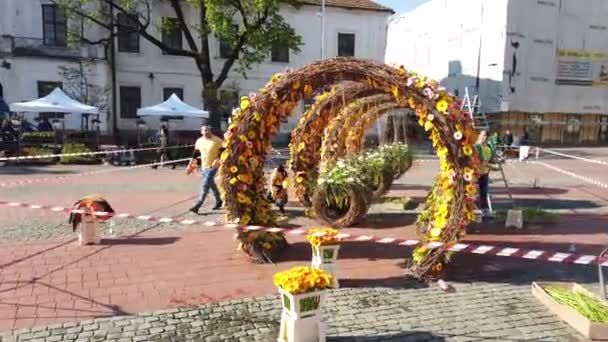 Timisoara Rumunsko Dubna 2019 Náměstí Vítězství Krásné Květinové Dekorace Mezinárodním — Stock video